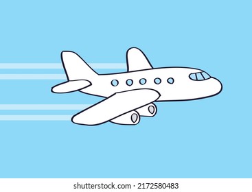 White passenger airplane flying in a blue sky cartoon vector illustration