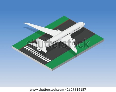 a white passenger airplane positioned on a section of airport runway, ready for takeoff or after landing isometric 3d vector illustration
