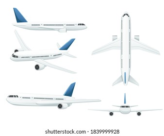 White passenger airplane in profile front and top flat vector illustration on white background