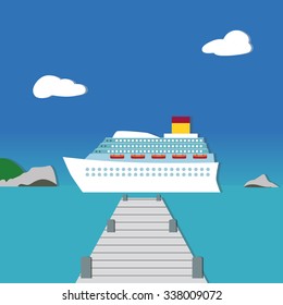 White passenger liner in dreamy landscape on lovely bright day. Applique style. 
