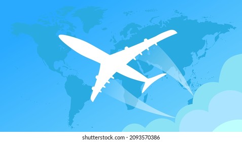 White passenger plane flies against the background of the world map, blue background. Air travel concept. Copy space. Vector illustration