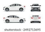 White passenger sedan car vehicle transportation front back side view realistic vector illustration. Modern business automobile for travel journey engine transport with wheel window and trunk