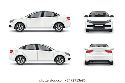 White passenger sedan car vehicle transportation front back side view realistic vector illustration. Modern business automobile for travel journey engine transport with wheel window and trunk