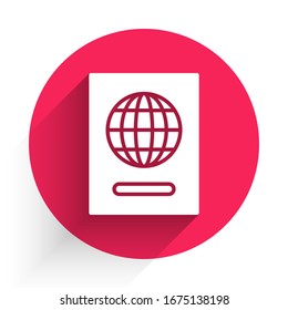 White Passport with biometric data icon isolated with long shadow. Identification Document. Red circle button. Vector Illustration