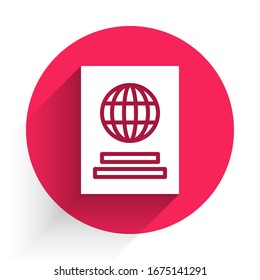 White Passport with biometric data icon isolated with long shadow. Identification Document. Red circle button. Vector Illustration