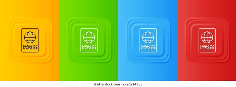 White Passport with biometric data icon isolated on colorful background. Identification Document. Set icons in square buttons. Vector