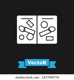 White Passport pages with visa stamps icon isolated on black background. Opened foreign passport with custom visa stamps. Travel concept. Vector Illustration White Passport pages with visa stamps icon isolated on black background. Opened foreign passport with custom visa stamps. Travel concept. Vector Illustration