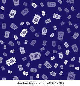 White Passport with ticket icon isolated seamless pattern on blue background. Identification Document. Concept travel and tourism.  Vector Illustration