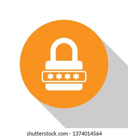 White Password protection and safety access icon isolated on white background. Lock icon. Security, safety, protection, privacy concept. Orange circle button. Vector Illustration