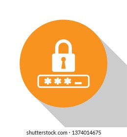 White Password protection and safety access icon isolated on white background. Lock icon. Security, safety, protection, privacy concept. Orange circle button. Vector Illustration