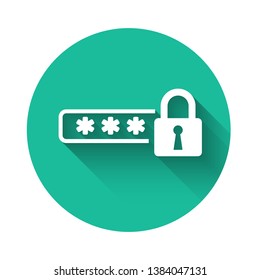 White Password protection and safety access icon isolated with long shadow. Lock icon. Security, safety, protection, privacy concept. Green circle button. Vector Illustration