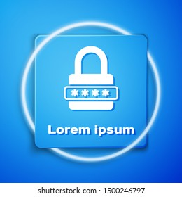White Password protection and safety access icon isolated on blue background. Lock icon. Security, safety, protection, privacy concept. Blue square button. Vector Illustration
