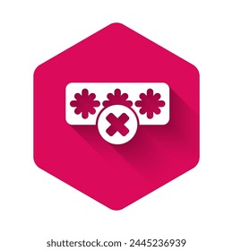 White Password protection and safety access icon isolated with long shadow. Security, safety, protection, privacy concept. Pink hexagon button. Vector