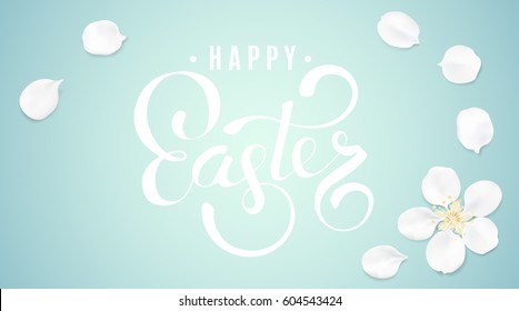 White pastel background with spring flower petalsand Happy Easter text. Cherry blossom petals illustration greeting card