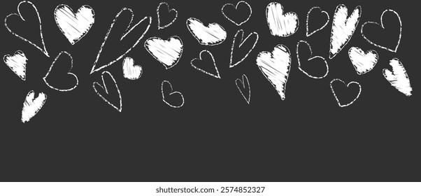 White pastel brush heart paint pattern. Hand drawn abstract Valentine border with crayon material on black background. Grunge chalk scribble for 14 February. Lipstick or marker paintbrush design