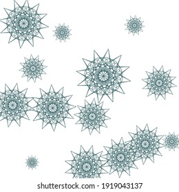 White Pastel New Year Dark Luxury Sky Wallpaper. Print Night Cold Winter Stars Ornament. Christmas Sharp Green Light Pink Composition. Turquoise Snowflakes Chaotic Emerald Mandala Background.