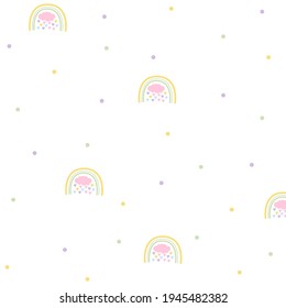 Patrón blanco pastel con arcos de colores con nubes. Textiles para niños. Libro de recortes de papel digital para niños.