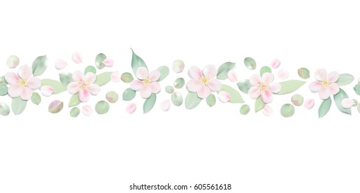 White pastel watercolor background. Soft green color leaves and pink apple tree flower isolated seamless line ornament illustration template