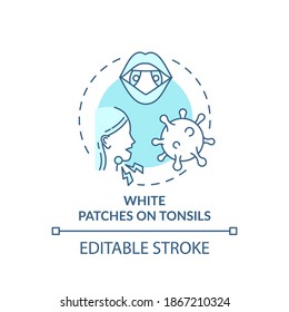 White patches on tonsils concept icon. Tonsillitis sign idea thin line illustration. Medical condition. Sore throat symptom. Vector isolated outline RGB color drawing. Editable stroke