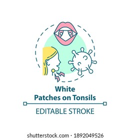 White patches on tonsils concept icon. Tonsillitis sign idea thin line illustration. Painful swallowing. Sore throat symptom. Vector isolated outline RGB color drawing. Editable stroke