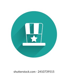 White Patriotic American top hat icon isolated with long shadow background. Uncle Sam hat. American hat independence day. Green circle button. Vector