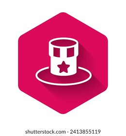 White Patriotic American top hat icon isolated with long shadow background. Uncle Sam hat. American hat independence day. Pink hexagon button. Vector