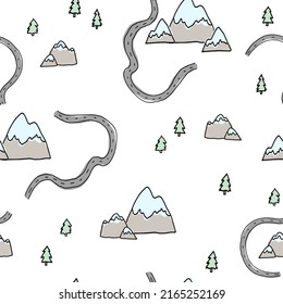 White pattern about travel hand drawn doodle mountains walk forest trees.