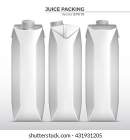 Caja de bebidas de color blanco: jugo, leche. Delantera, trasera y lateral. Paquete de recopilación. Ilustración vectorial.