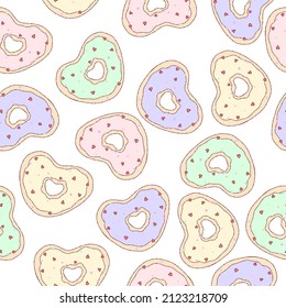 White pattern with cute funny glazed donuts. Food textiles for kitchen, children. Minimalism paper hearts scrapbook for kids.