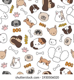 White pattern with cute, funny happy dogs. Paw prints, baby text and pets texture for children.