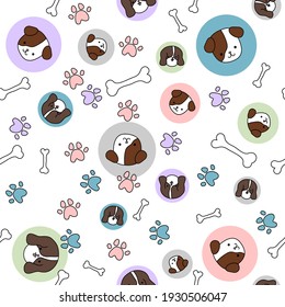 White pattern with cute, funny happy dogs. Paw prints multicolored, baby and pets texture for children.