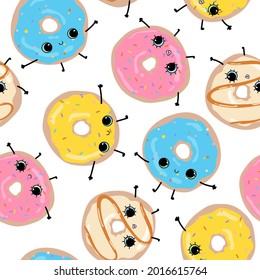 White pattern with cute funny happy glazed donuts. Hand drawn faces.