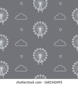 White pattern with a ferris wheel, clouds and hearts on a gray background. Suitable for decoration of stationery and textiles.
