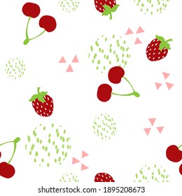 Patrón blanco con frutas para los niños. Textura de corte con cereza de fresa y abstracción.