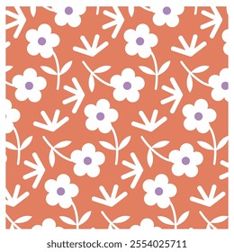 white pattern and leaves on coral background