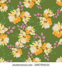 White Pattern Nature. Yellow Seamless Painting. Gray Tropical Nature. Wallpaper Textile