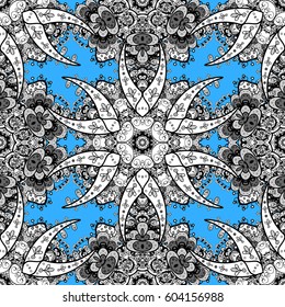 White pattern on blue background with white elements. Seamless classic vector white pattern. Classic vintage background. Traditional orient ornament.