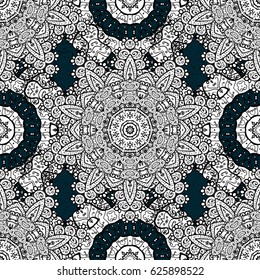 White pattern on blue background with white elements. Vector white textile print. Islamic design. Seamless pattern oriental ornament. Floral tiles.