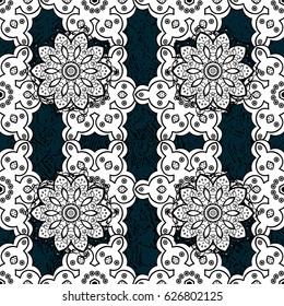 White pattern on blue background with white elements. Vector white pattern. Flat hand drawn vintage collection. Backdrop, fabric, gray wallpaper.