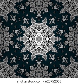 White pattern on blue background with white elements. Backdrop, fabric, gray wallpaper. Vector white pattern. Flat hand drawn vintage collection.