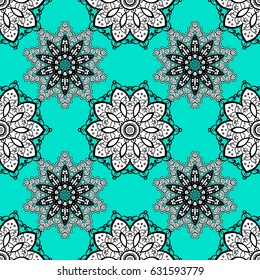 White pattern on blue background with white elements. Islamic design. Floral tiles. Seamless pattern oriental ornament. Vector white textile print.