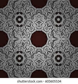 White pattern on brown background with white elements. Backdrop, fabric, light wallpaper. Vector white seamless pattern. Flat hand drawn vintage collection.