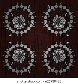 White pattern on brown and white background with doodles elements. For your design, wallpaper. Vector geometric background.