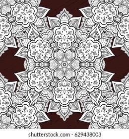 White pattern on brown background with white elements. Ornate vector decoration. Ornamental damask pattern background for wallpaper design in the style of Baroque.