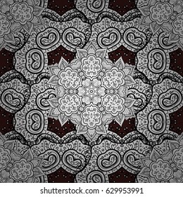 White pattern on brown background with white elements. Floral tiles. Islamic design. Vector white textile print. Seamless pattern oriental ornament.