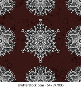 White pattern on brown background with white elements. Seamless classic vector white pattern. Classic vintage background. Traditional orient ornament.
