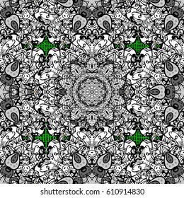 White pattern on green background with white elements. Damask classic white pattern. Vector abstract background with repeating elements.