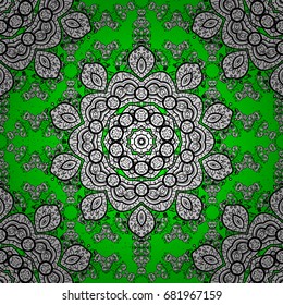 White pattern on green and white background with petal doodles elements. Pattern oriental ornament. Islamic design. Floral tiles. Vector white textile print.
