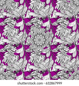 White pattern on magenta background with white elements. Ornate vector decoration. Seamless damask pattern background for wallpaper design in the style of Baroque.