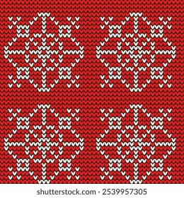 White pattern on red knitted background, festive sweater design. Seamless knitted pattern